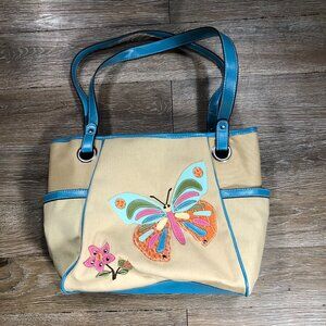 Purse Canvas Hand Bag Leather Flower Butterfly Button Zipper Divider Granny Core